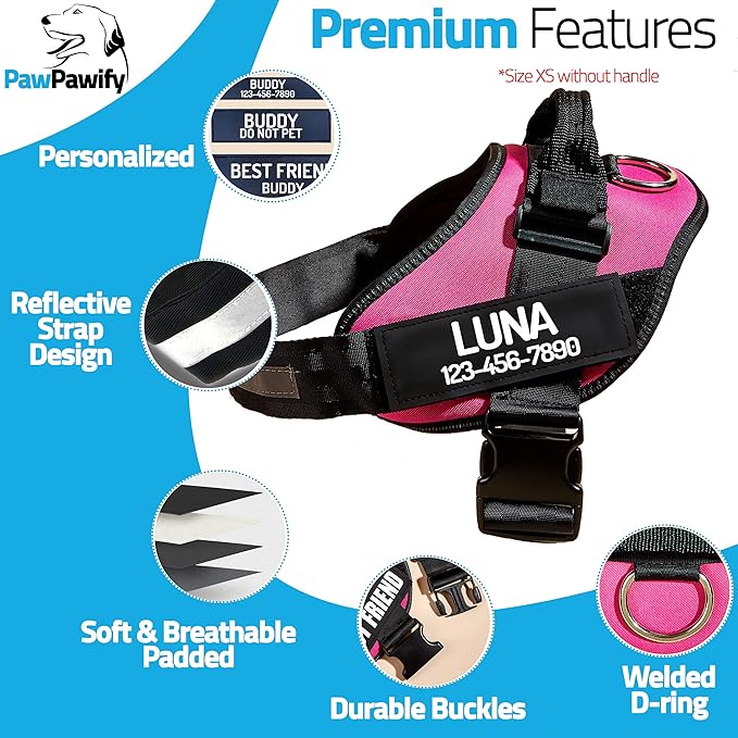 PawPawify Custom No Pull Dog Harness with Name and Phone Number, Heavy Duty Personalized Pet Vest to Prevent Tugging, Pulling, or Choking, Training and Walking (Pink, S (Chest 16-21in))