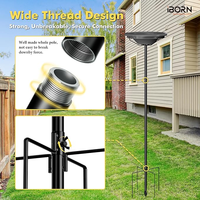 iBorn Bird Bath for Outside,36″ Freestanding Bird Bath with 3 Adjustable Height Pole,12″ BPA-Free Plastic Bowl,5-Prongs Base,Metal Pole and Plastic Bird Bath Bowl,Gray,1 Pack（Not Include Fountain）