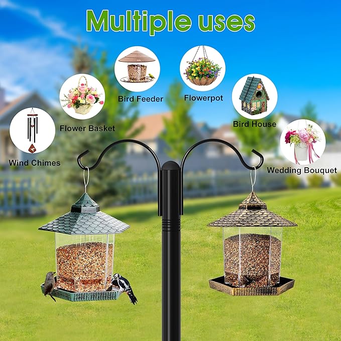 XDW-GIFTS Shepherds Hooks for Outdoor, 2-Pack 108 Inch Heavy Duty Bird Feeder Pole, Garden Pole for Hanging Plants, Lantern, Hummingbird Feeder, Hanging Plant Stand with 5 Base Prongs