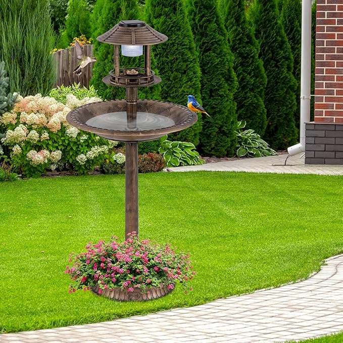LDAILY Outdoor Bird Bath, 42’’ Solar Lighted Pedestal Birdbaths with Bird Feeder ,20’’ Water Bowl, Flower Planters and 3 Stakes, Attract Birds Antique Bird Bath for Outside Garden, Yard (Bronze, 42‘’)