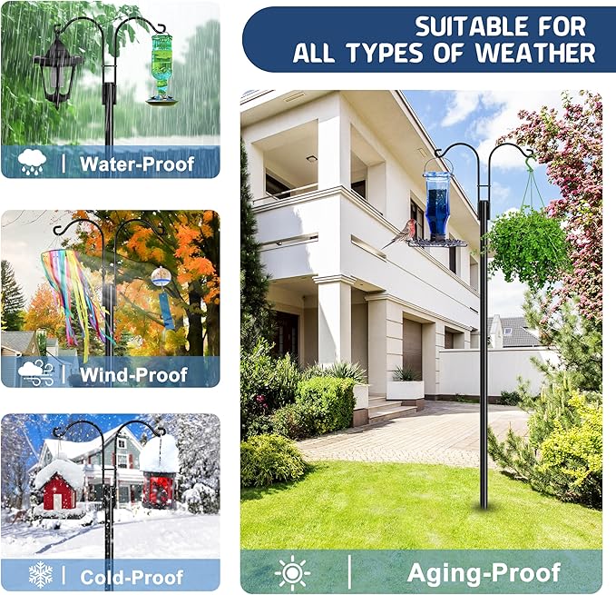 Ottsuls Bird Feeder Pole, 2 Pack 76 INCH Double Shepherds Hooks for Outdoor, Garden Pole with 5 Base Prongs Heavy Duty Planter Hooks for Hanging Plant Baskets, Lantern, Hummingbird Feeder