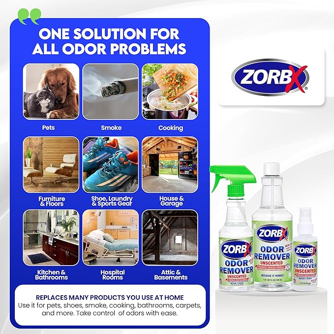 ZORBX Unscented Multipurpose Odor Eliminator Value Pack 2 Oz + 16 Oz + 32 Oz - Used in Hospitals & Healthcare Facilities - Advanced Trusted Formula - Perfect Bundle to Get Rid of Unpleasant Odors