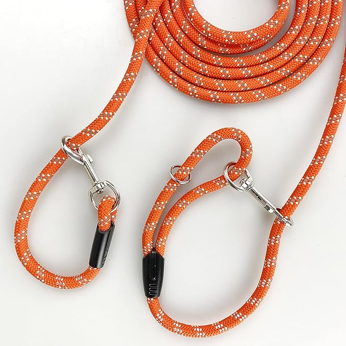 Long Rope Dog Leash for Dog Training 12FT 20FT 30FT 50FT, Reflective Threads Dog Cat Leashes Tie-Out Check Cord Recall Training Agility Lead for Large Medium Small Dogs (Orange, 10mm*20ft)