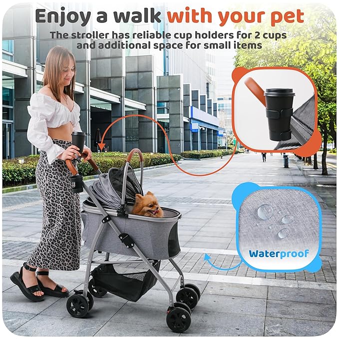Pet Stroller for Small Medium Dogs & Cats – 2-in-1 Detachable Carrier, Zipperless Entry, Lightweight Folding Travel Stroller with Storage Basket, Cup Holder, Gray