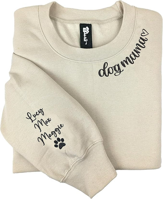 NAZENTI Custom Dog Mom Embroidered Sweatshirt with Pet Name on Sleeve, Fur Mama, Dog Lover Gifts