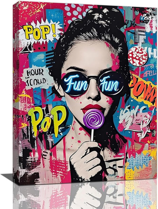 Fashion Women Wall Art Glam Modern Artwork for Girls Banksy Street Graffiti Pop Art Canvas Pictures Painting Print Framed Decorations Gifts for Bedroom Living Room Office 12"x16"