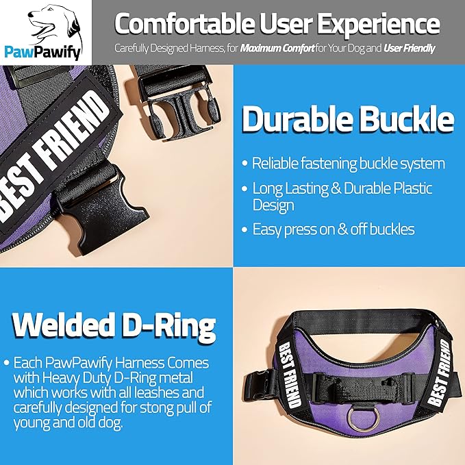 PawPawify Custom No Pull Dog Harness with Name and Phone Number, Heavy Duty Personalized Pet Vest to Prevent Tugging, Pulling, or Choking, Training and Walking (Purple, XL (Chest 28-35in))