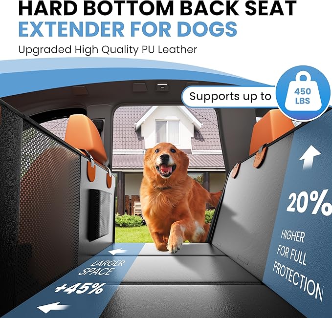 Dog Car Seat Cover for Back Seat, Hard Bottom Back Seat Extender for Dogs, Waterproof Dog Hammock for Truck Support to 400lbs, Car Seat Protector for Cars, Trucks, SUV, Jeep (Universal-PU-Orange)