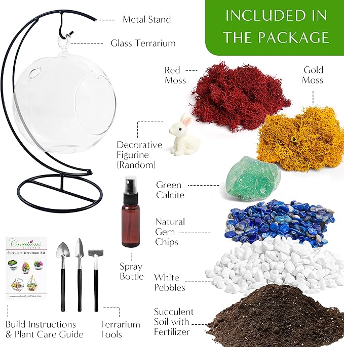 5" DIY Globe Terrarium Kit - Hanging Glass Planter with Stand for Adults & Kids - Build Your Own Mini Ecosystem with Moss, Crystals, Tools & Figurine - Handcrafted in USA