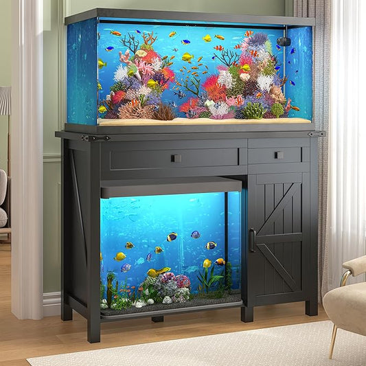 40 Gallon Aquarium Stand With Charging Station, Farmhouse Fish Tank Stand, Reptile Tank Stand Terrarium Stand with Drawer and Cabinet Storage, Sturdy Heavy Duty 41.9"×18.3" Tabletop - Black