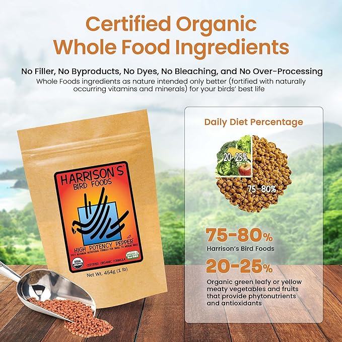 Harrison's Bird Foods High Potency Pepper—Maximum Nutritional Formula for Small to Medium Birds, Certified Organic Non-GMO Pet Bird Food, Vet-Developed, Suitable for All Life Stages, 454 g/ 1 lb