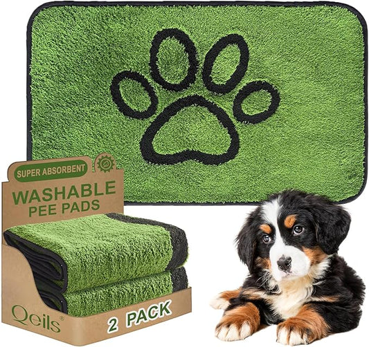 Qeils Reusable Dog Pee Pads, 2 Pack Super Absorbent & Leakproof Washable Puppy Pads with Soft Green Top Layer, for Potty Training, Crates, Couch, Car Seats & Pet Beds, 18"x 30"