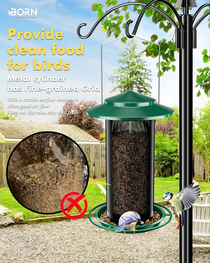iBorn Bird Feeders for Outdoors, All Metal Mesh Tube, Holding Bird Seed for Outside Feeders,18cm Large Roof, Green, 2.8lb(Seed is not Included)