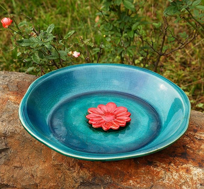 DUSVALLY Bird Bath Ceramic Bowl Antique Decor for Outdoors, Bird Drinker Plate with Vintage Red Flower Ornament for Outside, Garden & Yard, 12"
