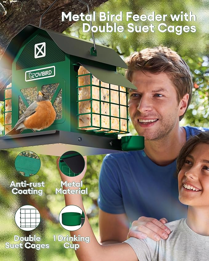 Bird Feeders for Outdoors Hanging, 5LBS Large Bird Feeder with 2 Suet Cage, Red Barn Metal Birds Feeder for Outside, Weather Resistant Cardinal Feeders, ldeal Birds Watching Gifts (Green)