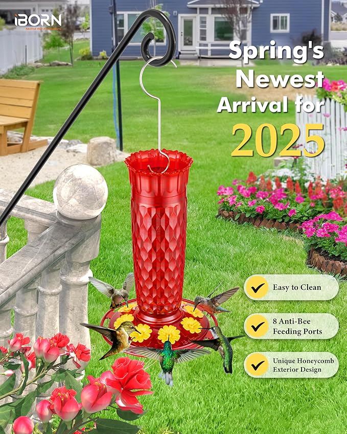 iBorn Hummingbird Feeders for Outdoors 16OZ Bird Feeders for Outdoors Hanging, Hummingbird Feeder with 8 Bee Guard Feeding Ports & Built-in Ant Moat, Silicone Flower, Red Honeycomb Exterior
