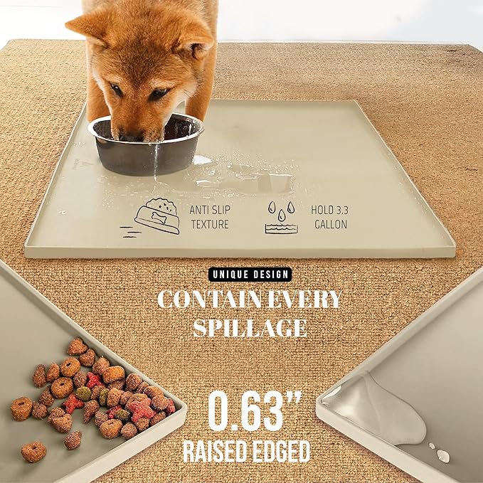 AVERYDAY 23x16'' Silicone Dog Mat for Food and Water, 0.63'' Edge Dog Food Bowl Mats for Floor Waterproof, Dogs Water Mat for Sloppy Drinker, Non Slip Rubber Pet Feeding Mats for Indoor Dogs and Cats