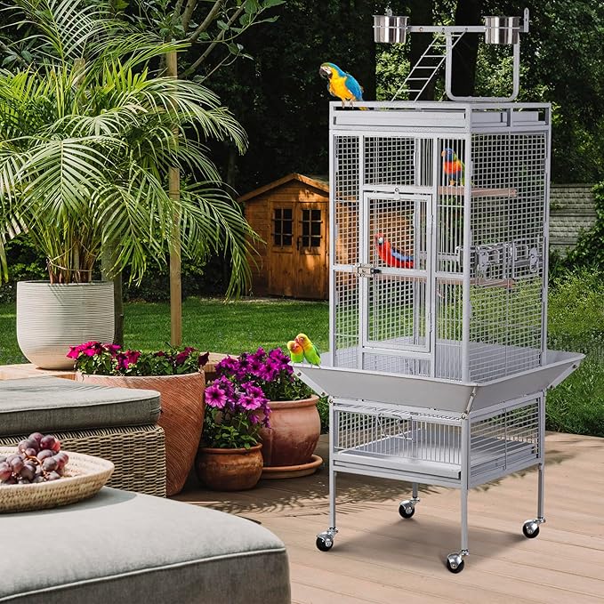 ZENY 61-inch Large Parrot Cockatiel Bird Cages with Wrought Iron Play Top, Aviary with Rolling Stand for Sun Parakeet Quaker Conure Lovebird Budgie Finch African Grey White Birdcage (White)
