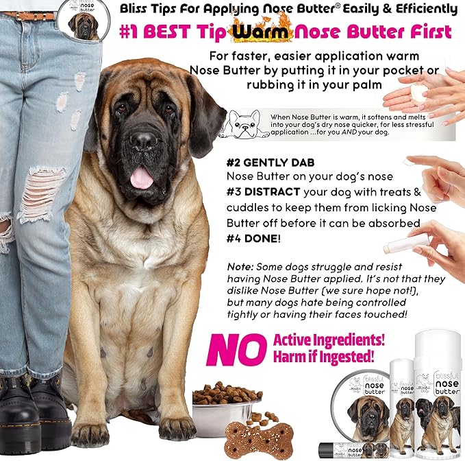 The Blissful Dog Mastiff Nose Butter for Dry, Cracked Skin, Lick-Safe Dog Nose Balm with Moisturizing Shea Butter, Almond, Olive, and Essential Oils, Pet Supplies, Uncented, 4 oz.
