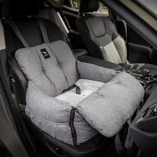 JACKO & CO - Premium Dog Car Seat v2 Booster Seat for Small & Medium Pets Under 25lbs - Machine Washable w Removable Cover, Water Resistant w Clip-On Leash for Front or Back Seat (Grey/Small (1-25lbs)