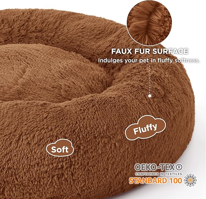 Bedsure Calming Dog Bed for Large Dogs - Donut Washable Large Pet Bed, 36 inches Anti-Slip Round Fluffy Plush Faux Fur Dog Bed, Fits up to 80 lbs Pets, Copper