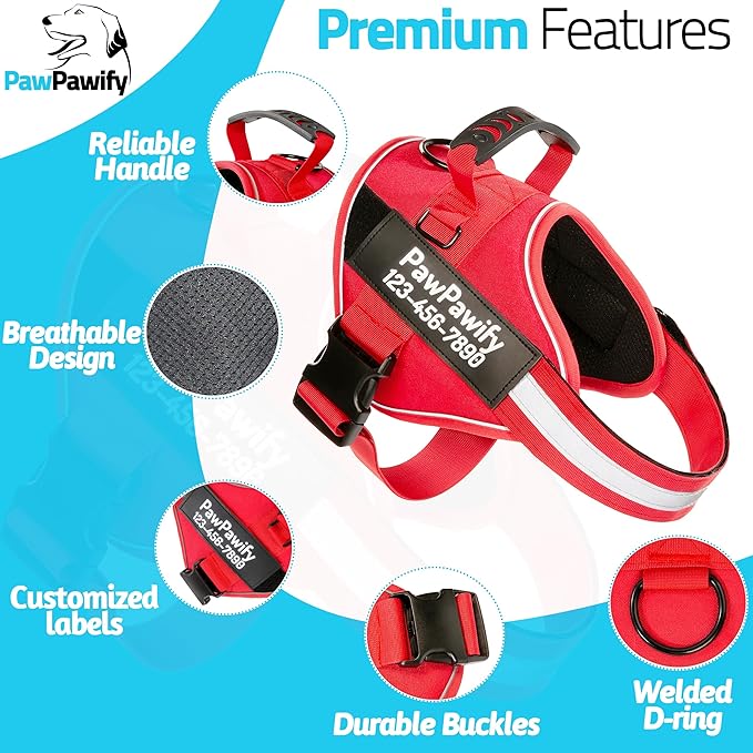 PawPawify Custom No Pull Dog Harness with Name and Phone Number, Heavy Duty Personalized Pet Vest to Prevent Tugging, Pulling, or Choking, Training and Walking (New Red, XS (Chest 14-17in))