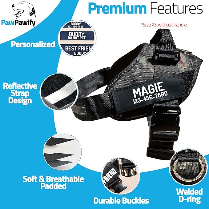 PawPawify Custom No Pull Dog Harness with Name and Phone Number, Heavy Duty Personalized Pet Vest to Prevent Tugging, Pulling, or Choking, Training and Walking (Camouflage Green, XS (Chest 14-17in))