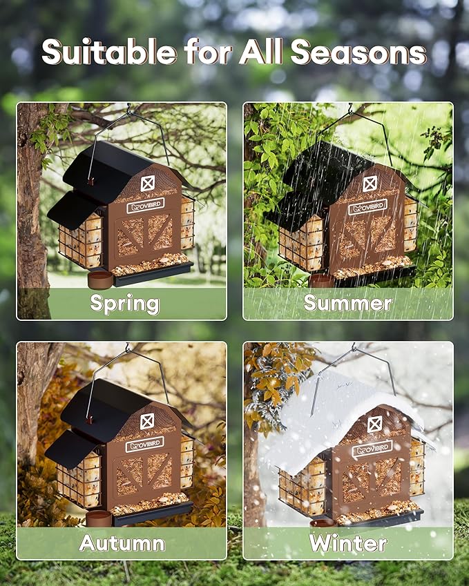 Bird Feeders for Outdoors Hanging, 5LBS Large Bird Feeder with 2 Suet Cage, Red Barn Metal Birds Feeder for Outside, Weather Resistant Cardinal Feeders, ldeal Birds Watching Gifts (Brown)