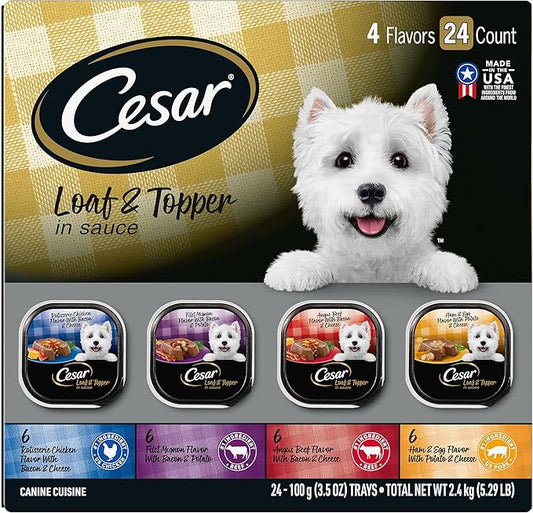 Cesar Wet Dog Food Loaf in Sauce Rotisserie Chicken, Filet Mignon, Angus Beef, and Ham & Egg Flavors Variety Pack, 3.5 oz. Easy Peel Trays (24 Count, Pack of 1)