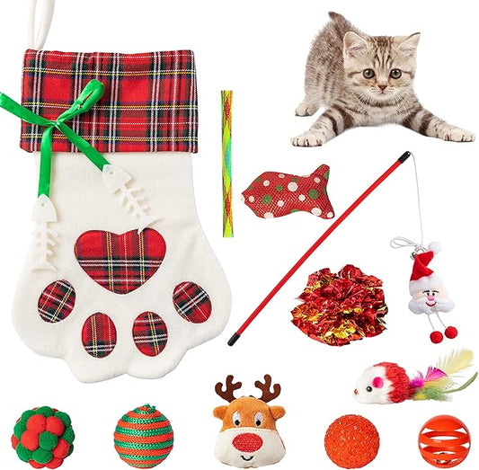MALLMALL6 11Pcs Christmas Cat Stocking Toys Interactive Cat Toys Pack Including Feather Teaser Wand Catnip Mouse Crinkle Bells Ball Spring Toys for Indoor Cats, Christmas Hanging Stocking for Pet Cats