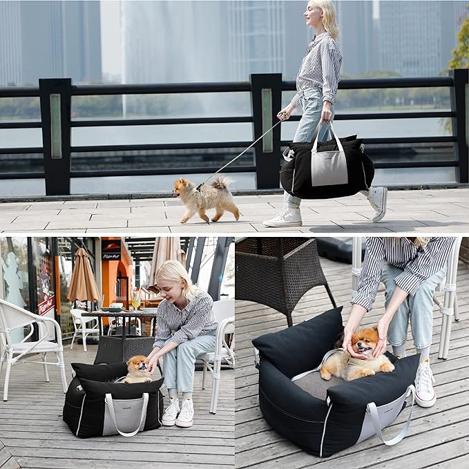 Lesure Small Dog Car Seat for Small Dogs - Waterproof Dog Booster Car Seat with Storage Pockets, Clip-On Safety Leash and Thickened Memory Foam Filling, Pet Carseat Puppy Travel Carrier Bed, Black