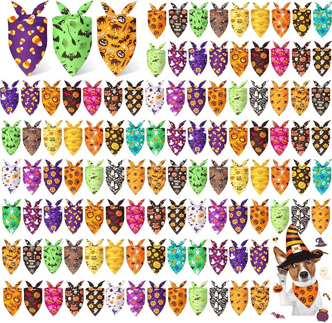 Preboun 100 Pcs Halloween Dog Bandanas Bulk Pumpkin Ghost Bandanas for Dogs Colorful Triangle Kerchief Bibs Scarf Set for Pet Costume Photo Props Accessories Pet Shops Adoption Events, 25 Styles