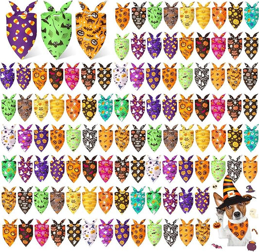 Preboun 100 Pcs Halloween Dog Bandanas Bulk Pumpkin Ghost Bandanas for Dogs Colorful Triangle Kerchief Bibs Scarf Set for Pet Costume Photo Props Accessories Pet Shops Adoption Events, 25 Styles