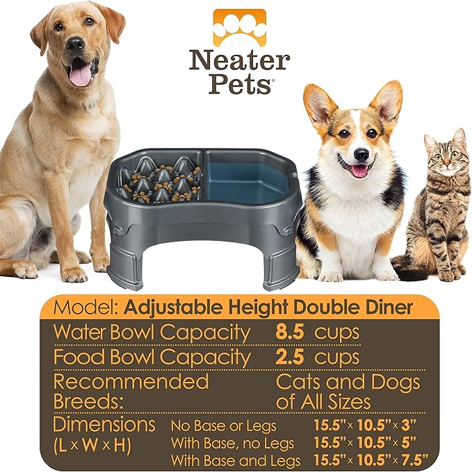 Neater Pet Brands – Neater Raised Slow Feeder Dog Bowl – Elevated and Adjustable Food Height - (Double Diner, Gunmetal)