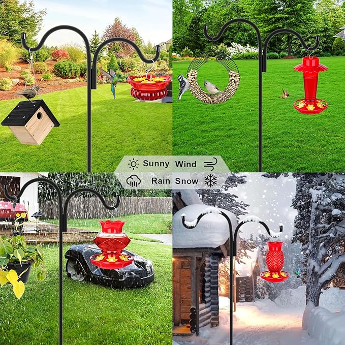 Gtongoko Double Shepherds Hook for Outdoor, 108 Inch Bird Feeder Pole with 5 Prongs Base, 5/8 Inch Thick Heavy Duty Adjustable Garden Hook for Hanging Plant, Lantern, Hummingbird Feeder, 1 Pack