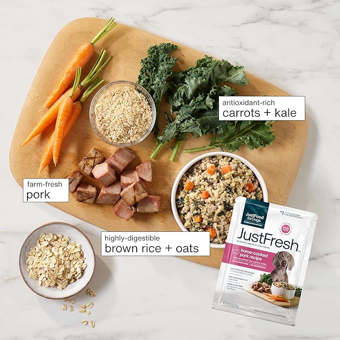 JustFoodForDogs JustFresh Wet Dog Food, Fresh Pet Meals and Toppers with No Preservatives, Resealable Package, Human Grade, Home-Cooked Pork, 12 oz - 7 Pack
