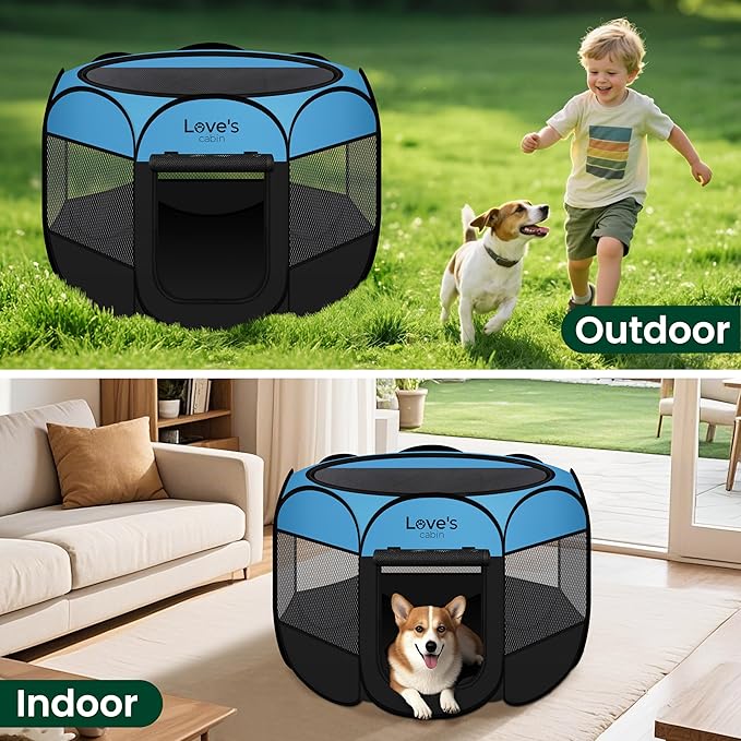 Love's cabin Pet Puppy Dog Playpen, Large Dog Tent Crates Cage Indoor/Outdoor, Portable Playpen for Cat, Foldable Pop Up Dog Kennel Playpen with Carring Case, Removable Zipper Top, Blue