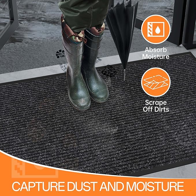 Indoor Outdoor Door Mat, 10' x 3' Doormat for Entryway, Rubber Backing Non Slip Front Door Mat Outside Entrance, Super Absorbent Commercial Floor Mat for Home Office, Black