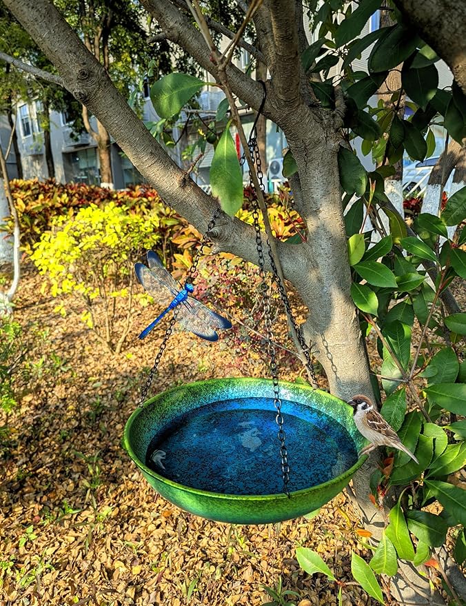 Hanging Bird Bath for Outside Metal Hanging Bird Feeder Window Birds Feeder Hand-Painted Blue and Green Gradient 11 in for Birds to Seed Bathe and Drink for Back Yard, Deck,Patio Garden Decoration