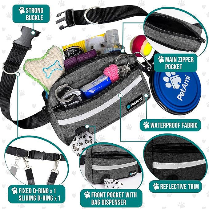 PetAmi Hands Free Dog Leash, Dog Running Leash Belt for Walking, Jogging, Dog Waist Zipper Pouch with Poop Bag Dispenser, Dual Padded Handles, Reflective Durable Bungee Leash, Single, Charcoal Grey