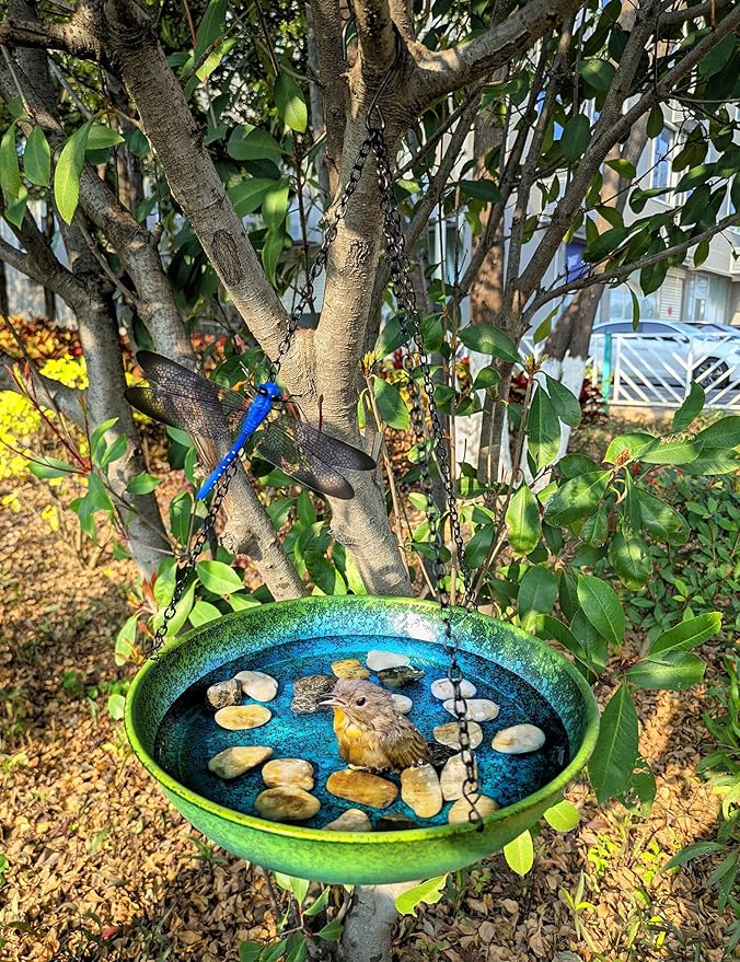 Hanging Bird Bath for Outside Metal Hanging Bird Feeder Window Birds Feeder Hand-Painted Blue and Green Gradient 11 in for Birds to Seed Bathe and Drink for Back Yard, Deck,Patio Garden Decoration