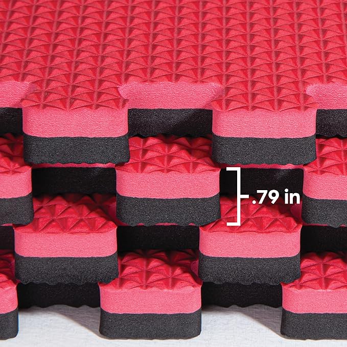 Norsk Reversible Gym Exercise Mats 3/4" Thick EVA Interlocking Foam Tiles, Perfect Home Gym Flooring, 20 Tiles & 40 Trim Pieces, 80 Sq. Ft. Reversible, Red/Black