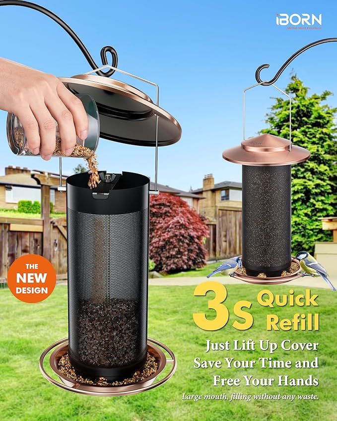 iBorn Bird Feeders for Outdoors, All Metal Mesh Tube, Holding Bird Seed for Outside Feeders,18cm Large Roof, Copper, 2.8lb(Seed is not Included)