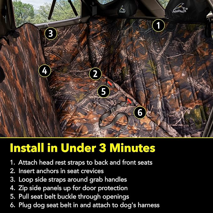 Meadowlark Premium Hammock Dog Car Seat Cover Back Seat, Pet Cover Car Seat Protector, Non-Slip, Dog Stuff, Anti Shock, Water Repellant, Pet Car Seat Cover for Dogs w/Seat Belt & 2 Headrest Covers