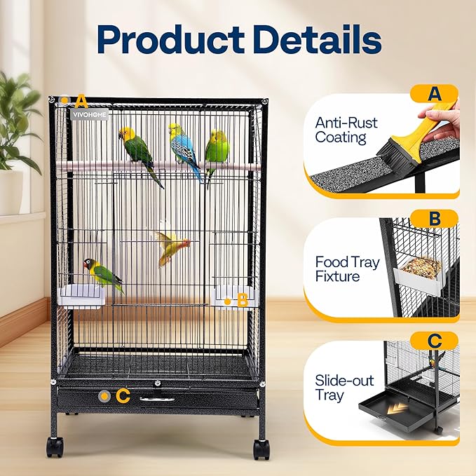 VIVOHOME 54 Inch Wrought Iron Large Bird Flight Cage with Rolling Stand for Parakeets Canaries Cockatiels Lovebirds Conures, Black