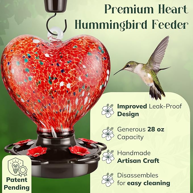 Hand Blown Glass Hummingbird Feeder for Outdoors All Season Use - 28 Fl. Oz. Leak Proof Hummingbird Feeder with Rust Proof Base - Includes Ant Moat, Ant & Bee Proof (Red)