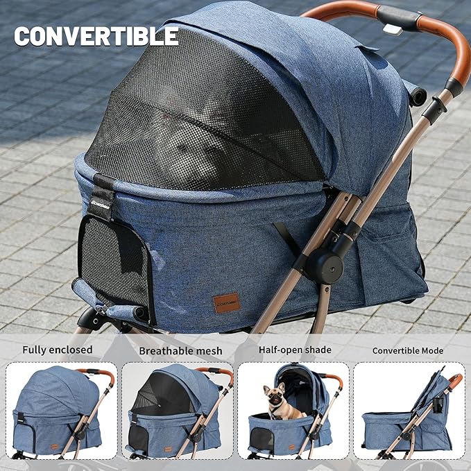 EchoSmile Small Medium Dogs Stroller 4-Wheel Pet Strollers for Medium Dogs Up to 50lbs, One Click Folding Large Cat Stroller, Reversible Handle, Shock Absorbing Wheels, Removable Washable Pad, Blue