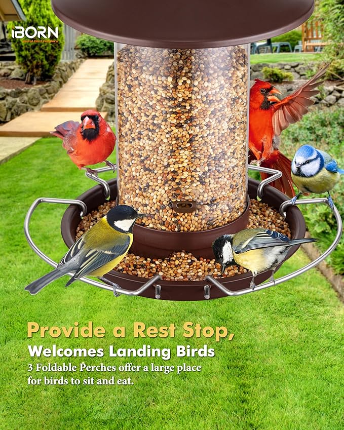 iBorn Bird Feeder Metal Squirrel Chew-Proof Bird Feeders for Outdoors Hanging for Cardinal Outside, Holds 1.5LB Seed with 3 Perchs, Bronze (Seed is not Included)