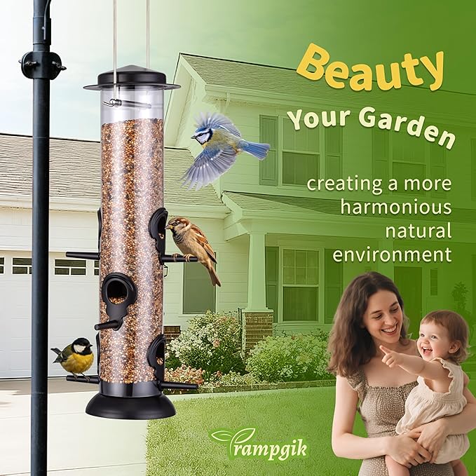 Bird Feeder Premium Hard Plastic for Wild Bird Feeders for Outdoors,Tube Bird Feeders for Outdoors Hanging,14 Inch 6 Port Black,Pack of 1