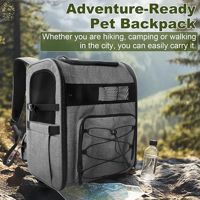 Dog Carrier Backpack for Small Dogs - Breathable Mesh Hiking Bag with Safety Buckle, Adjustable Straps and Elevated Pad - Durable for Hiking (Fits Small Cats Too, Up to 17lbs, Gray)